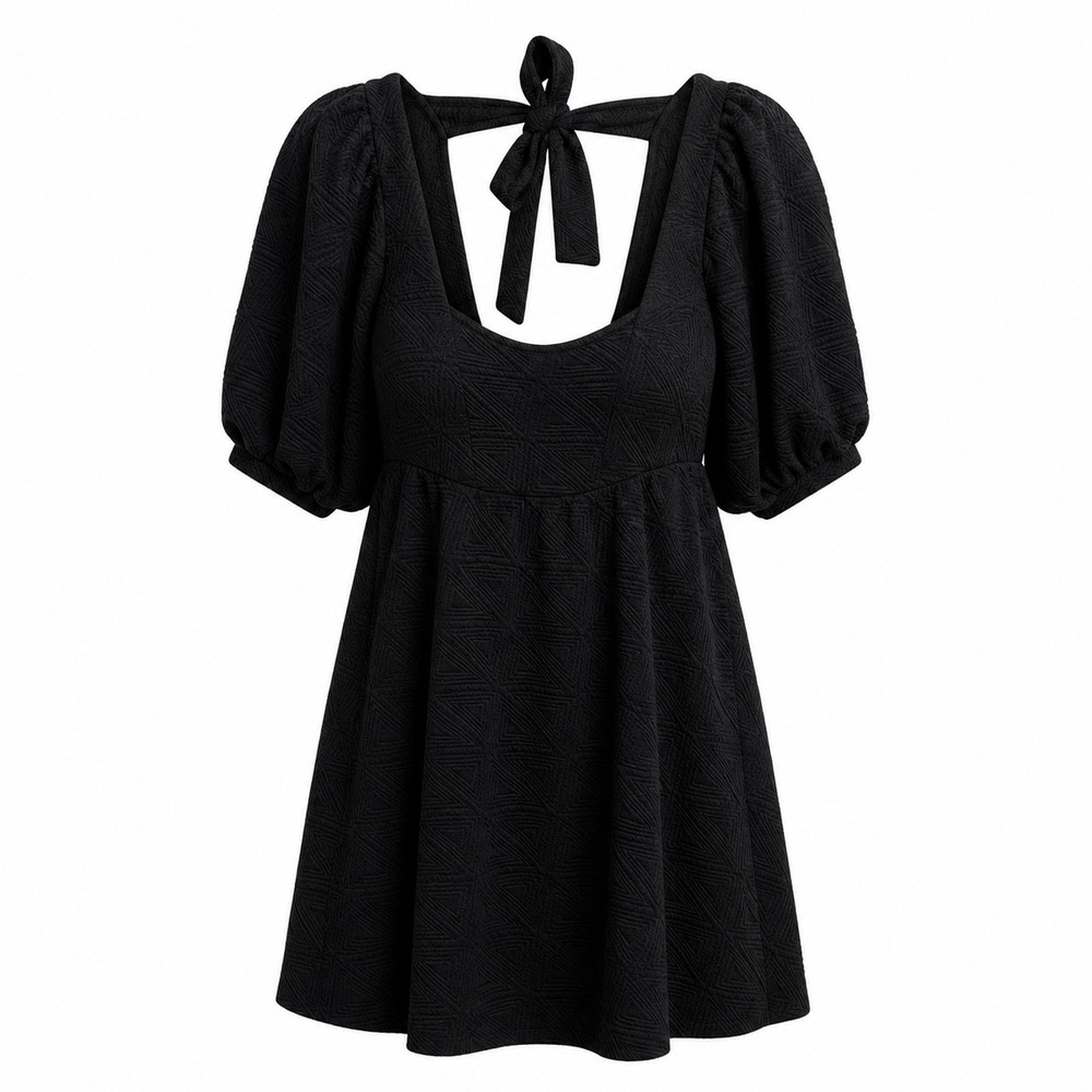 Free People Violet Mini Dress Black Textured Puff Sleeve Open Back Tie Size S